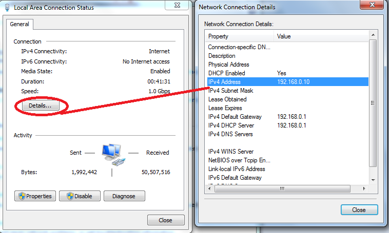 Дијалози Local Area Connection, односно Network Connection Details. Određivanje IP-adrese, polje IPv4 Address
