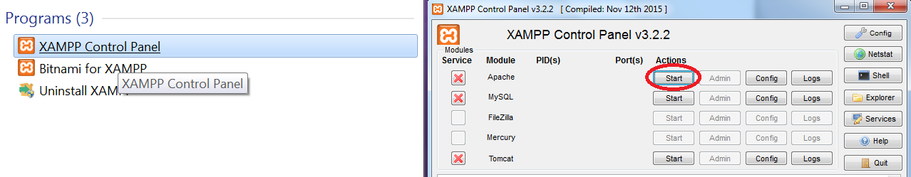 Покретање система XAMPP и веб-сервера Apache